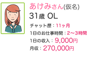 ひかりさん(仮名)  31歳 OL チャット歴：11ヶ月 1日のお仕事時間：3時間 1日の収入：7,000円 月収：210,000円